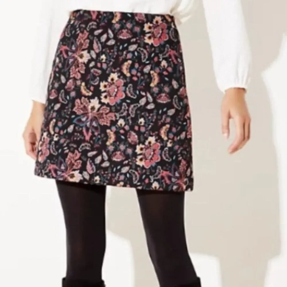 ANN TAYLOR LOFT Size 6 Tall Black Teal Red Lined Jacquard Mini Skirt A-Line
